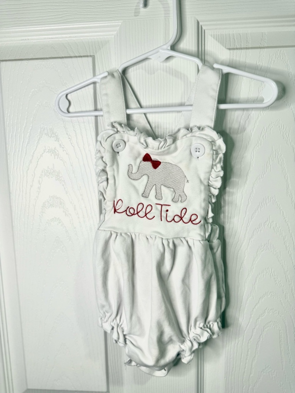 “Roll Tide” White Baby Romper with Embroidered Elephant and Red Script